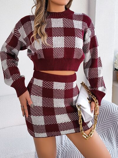 FZ Women's Plaid Round Neck Top and Skirt Sweater Suit