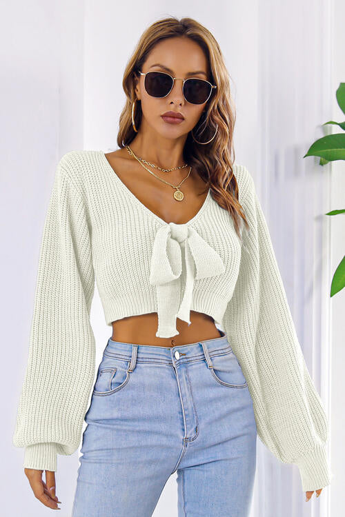 FZ Women's Bow V-Neck Long Sleeve Cropped Sweater Top