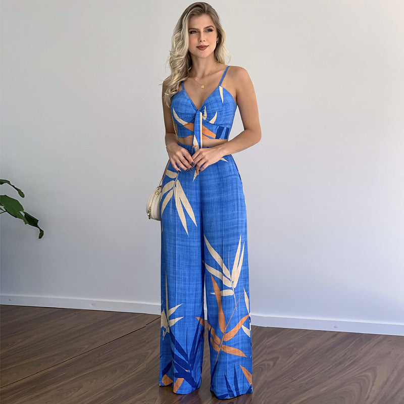 linen-like casual suit v-neck high-waist printed wide-leg pants two-piece set