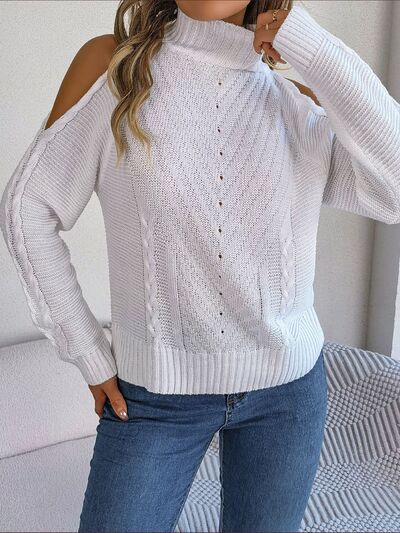 FZ Women's Cable-Knit Turtleneck Cold Shoulder Sweater Top