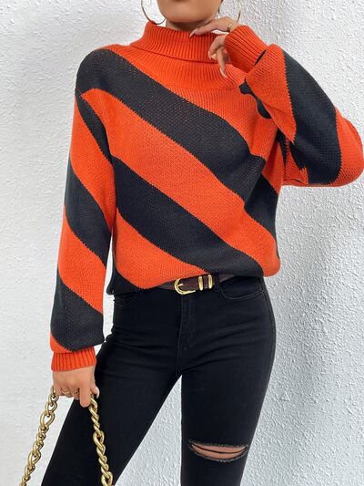 FZ Women's Striped Turtleneck Dropped Shoulder Sweater - FZwear