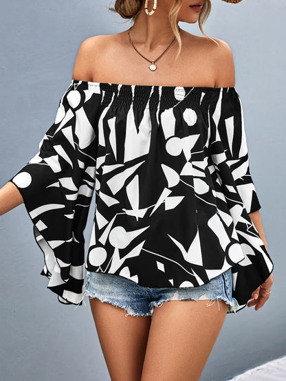 printed off-shoulder bell sleeve blouse