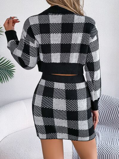 FZ Women's Plaid Round Neck Top and Skirt Sweater Suit