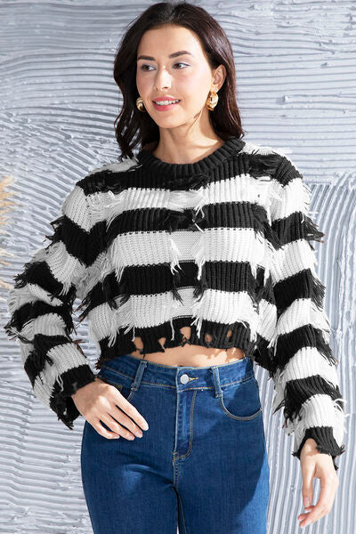 FZ Women's Striped Fringe Round Neck Sweater Top - FZwear