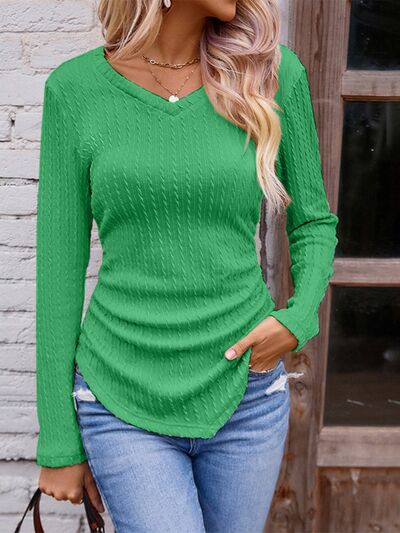 FZ Women's Textured Ruched V-Neck Long Sleeve Tee - FZwear