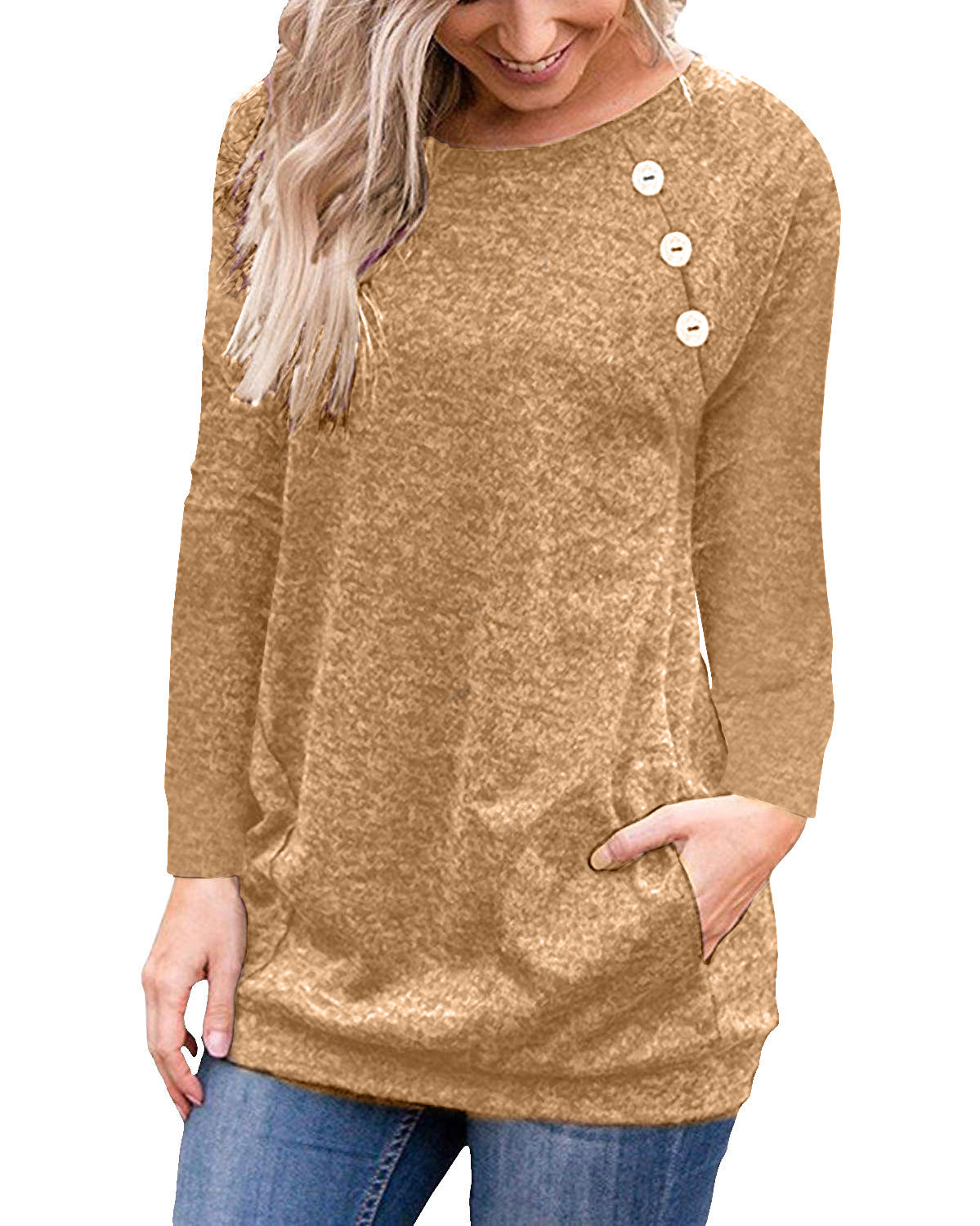 fz women's blouse long sleeve button decoration pullover tee