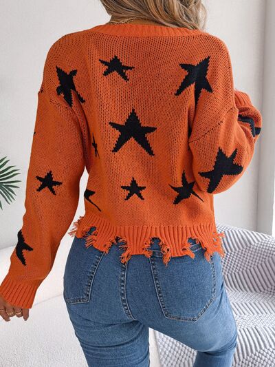 FZ Women's Star Pattern Distressed V-Neck Cropped Sweater Top