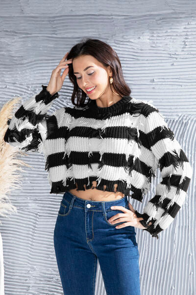 FZ Women's Striped Fringe Round Neck Sweater Top