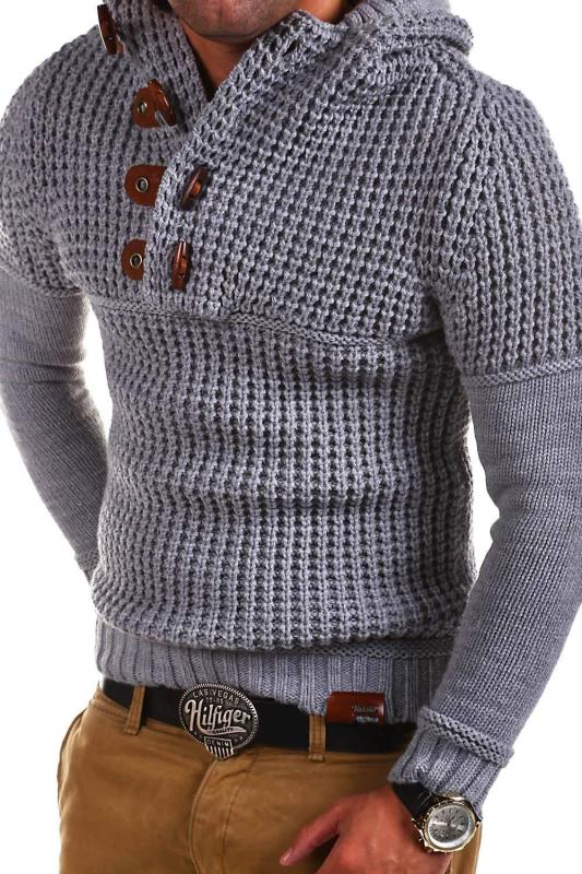 men's solid color lapel collar diagonal button horn button pullover sweater