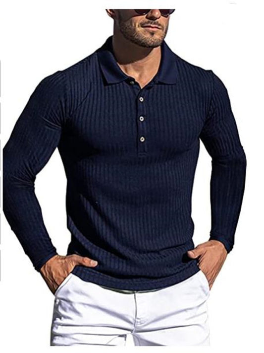 new men's high elastic vertical strip long sleeve polo shirt slim knit bottom shirt polo shirt
