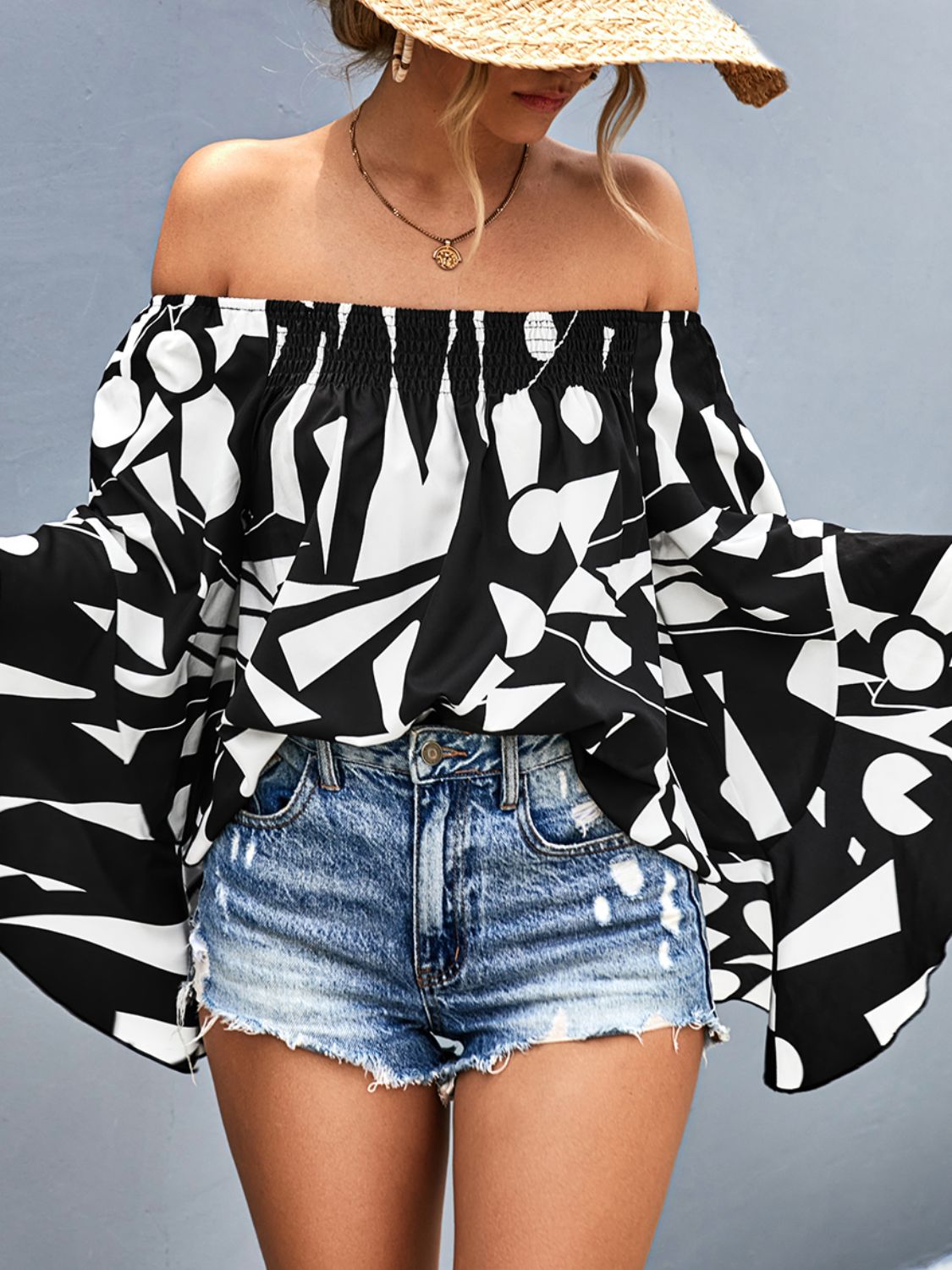 printed off-shoulder bell sleeve blouse