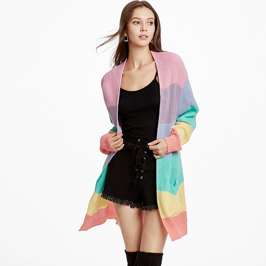new rainbow color loose long knit cardigan ladies sweater jacket