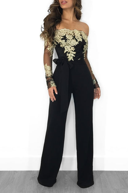 clothing casual women water soluble lace off neck wide leg jumpsuit