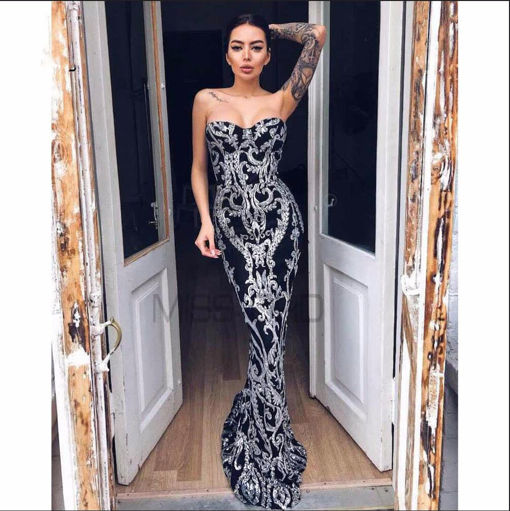 sexy bandeau one-shoulder vintage sequined mopping evening dress elegant evening dress women fishtail dress formal gown