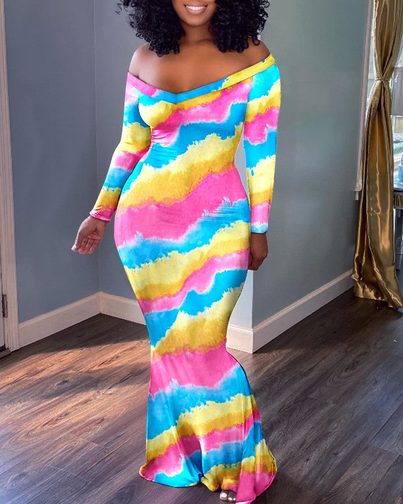 FZ Women's Tie Dye Print Off Shoulder Mermaid Sun Dress - FZwear