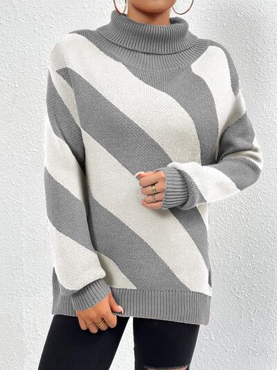 FZ Women's Striped Turtleneck Dropped Shoulder Sweater - FZwear