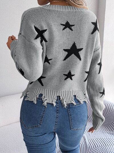 FZ Women's Star Pattern Distressed V-Neck Cropped Sweater Top