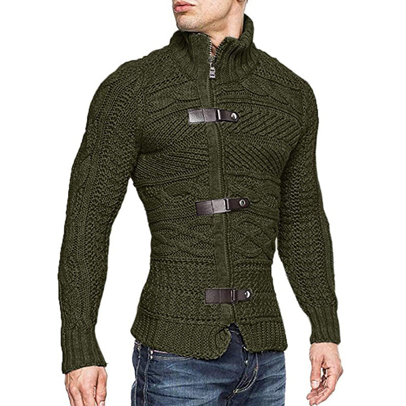 FZ Men's Leather Button Long Sleeve Knitted Sweater Jacket