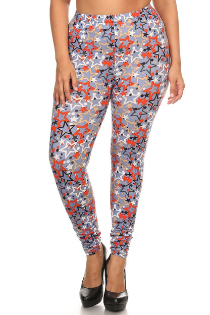 plus size star print, full length leggings in a slim fitting style with a banded high waist