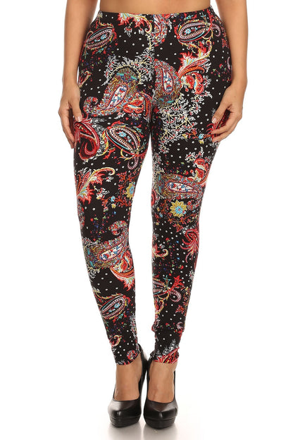 multi-color paisley print, banded, full length leggings in a fitted style with a high waisted