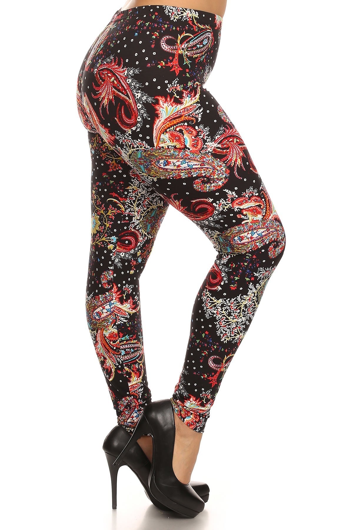 multi-color paisley print, banded, full length leggings in a fitted style with a high waisted