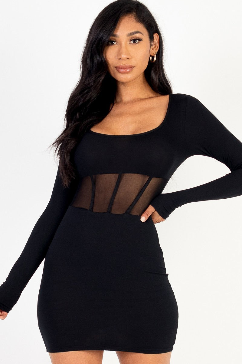 square neck mesh corset mini dress