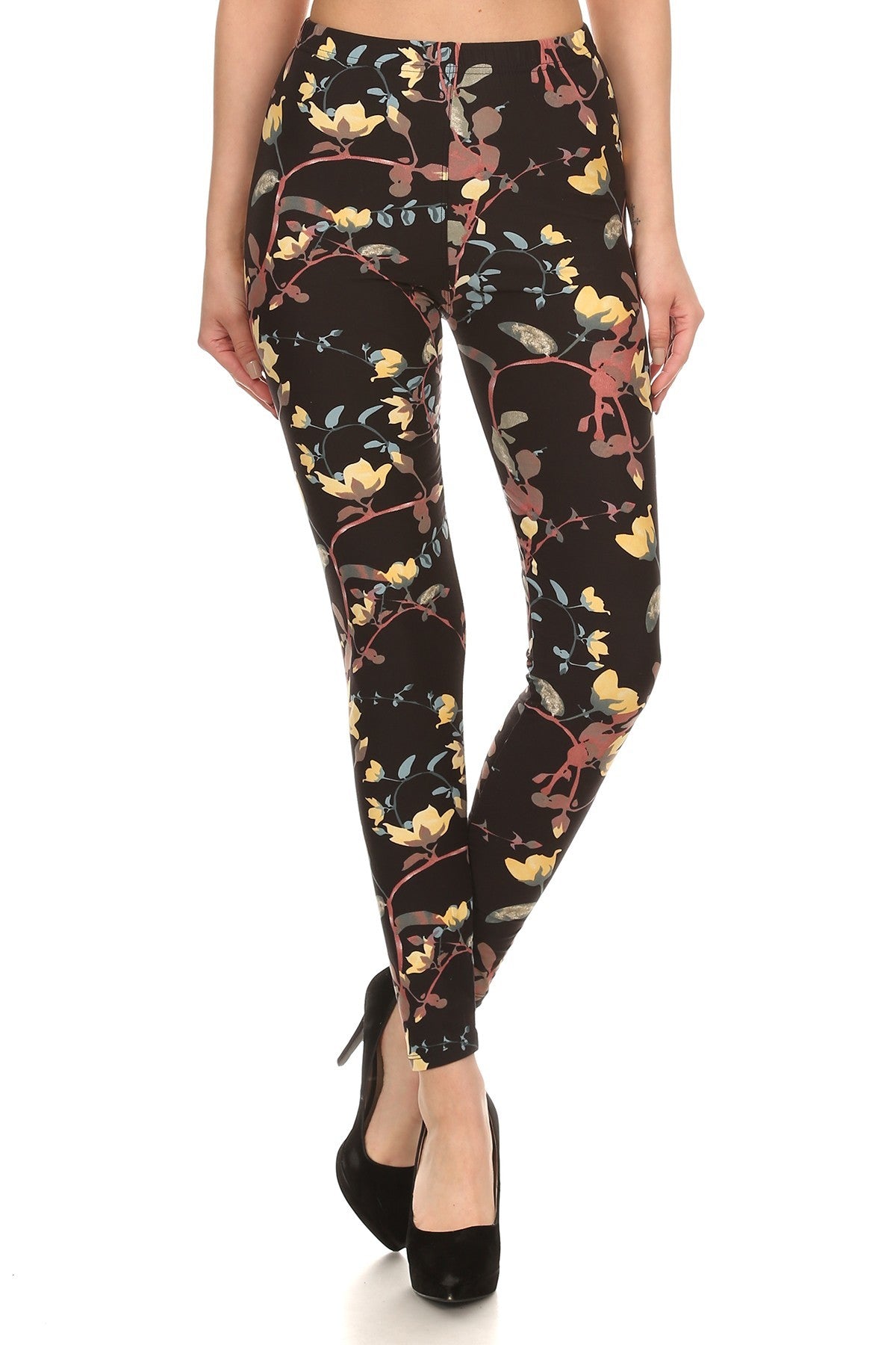 vine printed high waisted knit leggings in skinny fit with elastic waistband