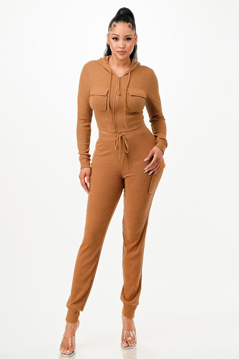 FZ Women's Rib Cargo Hoodie Pants Suit - FZwear