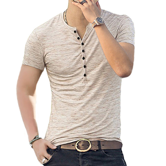 summer men's short sleeve men's t-shirt henley collar slim fit men's clothing