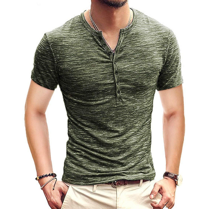 summer men's short sleeve men's t-shirt henley collar slim fit men's clothing