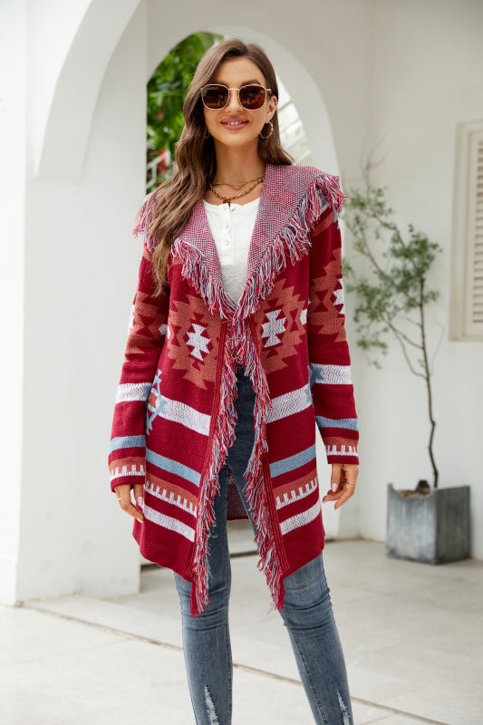 FZ Women's fringed geometric jacquard sweater cardigan top