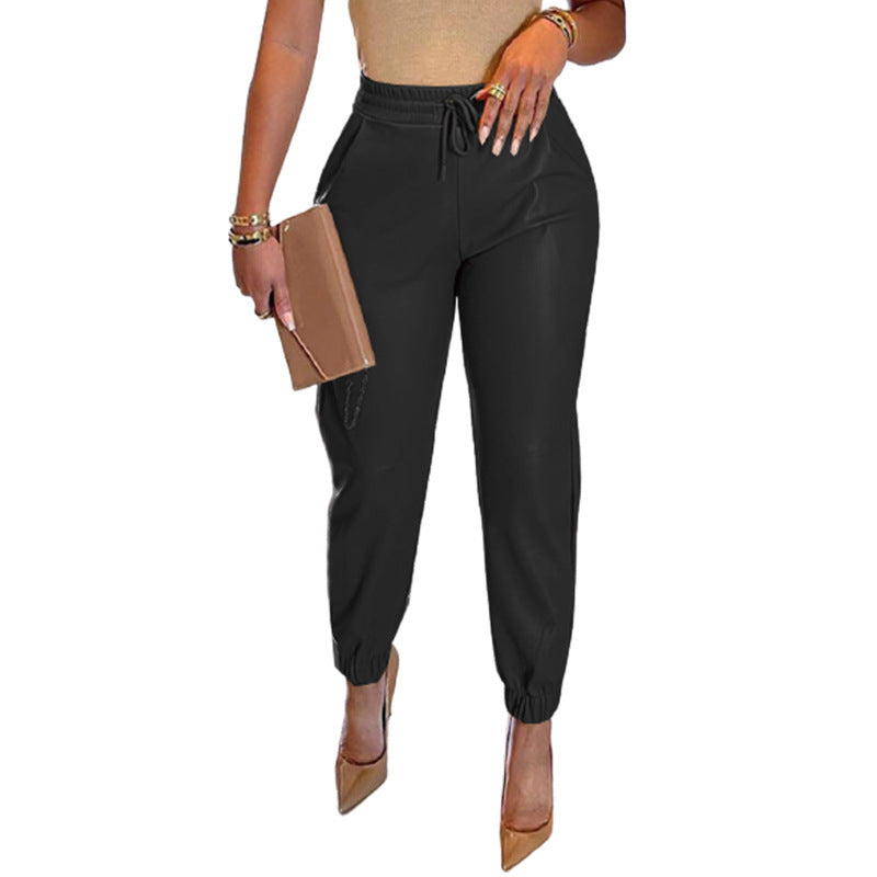 women's solid color drawstring pocket leggings leather pants