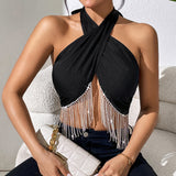 sexy lace up chest wrapped backless design tassel chain vest women