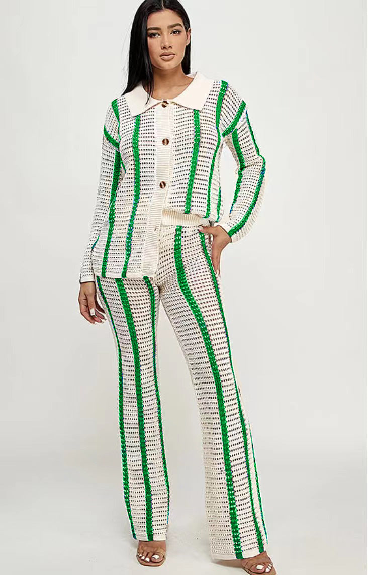 FZ Women's Striped Cutout Knitted Straight Leg Pants Suit - FZwear