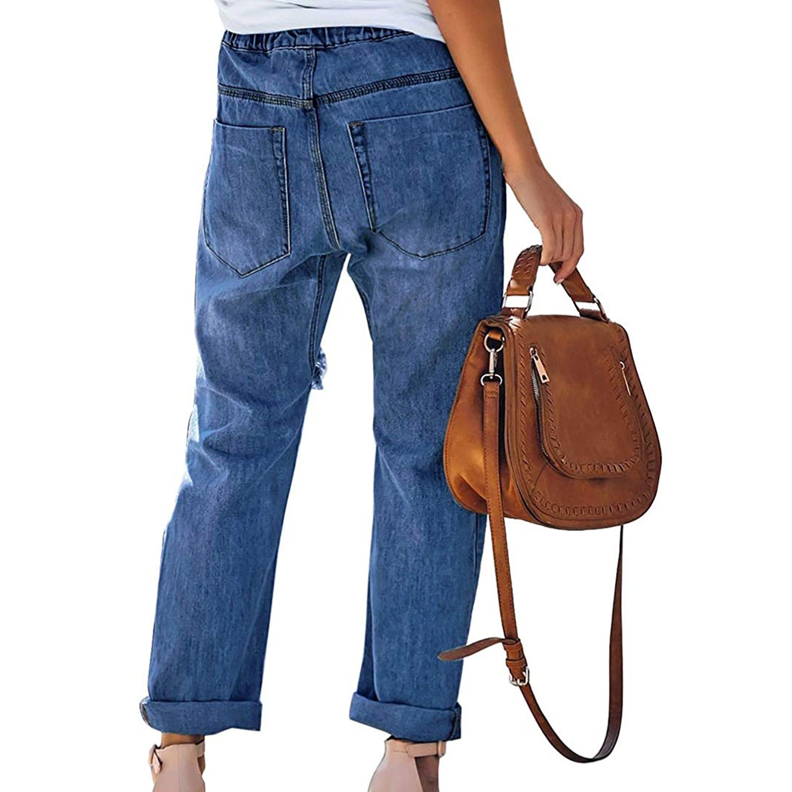 FZ Women's Frame Classic Elastic Drawstring Ripped Denim Pants - FZwear