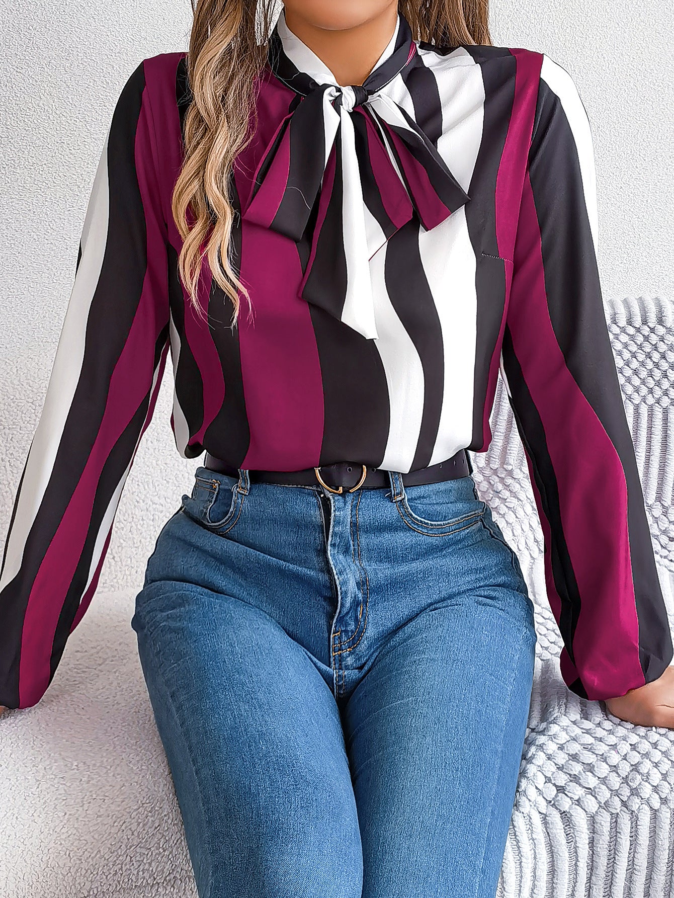 FZ Women's Elegant Contrast Color Striped Lace up Work Shirt Top