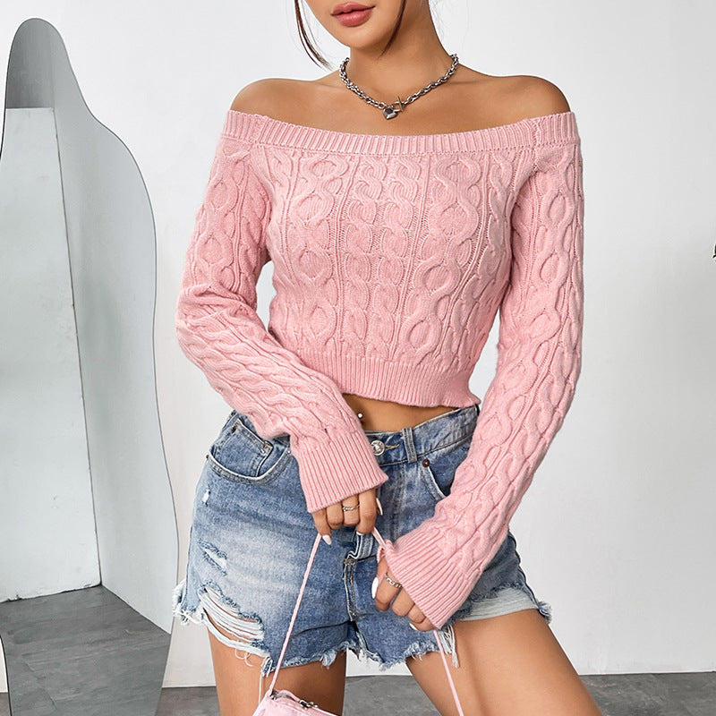 FZ Women's Sexy Cropped off Neck Slim Fit Sweet Pink Sweater Top