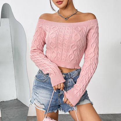 FZ Women's Sexy Cropped off Neck Slim Fit Sweet Pink Sweater Top - FZwear