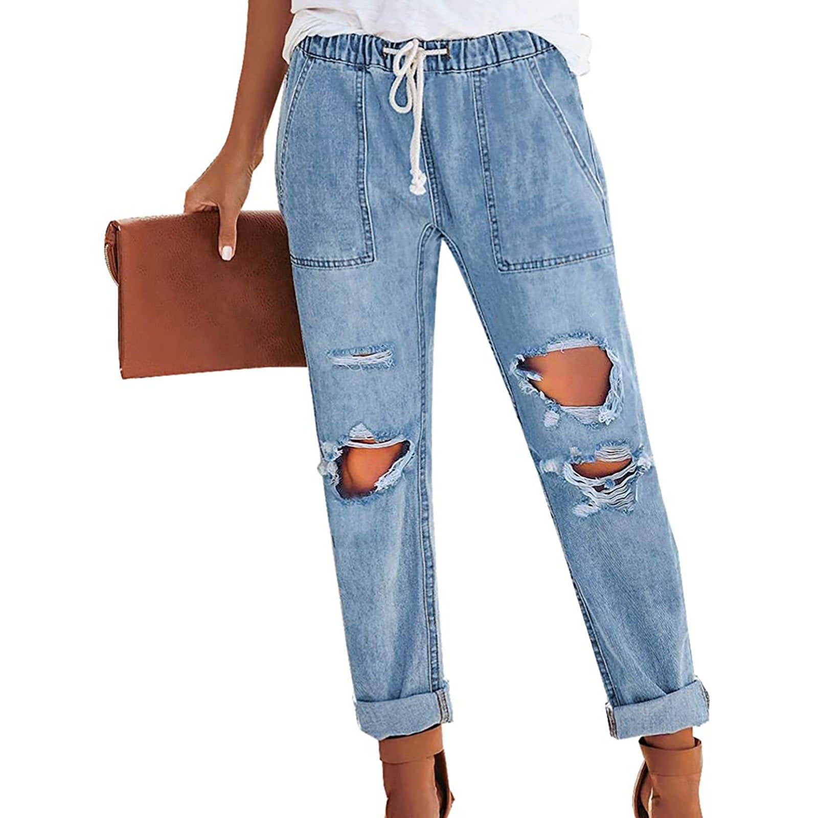 FZ Women's Frame Classic Elastic Drawstring Ripped Denim Pants - FZwear