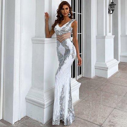 geometric abstract see-through wedding dress evening gown bridesmaid dress sequined evening dress ladies formal gown