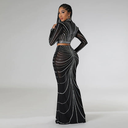 FZ Women's See through Rhinestone Sexy Two Piece Skirt Suit - FZwear