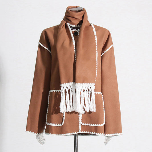 FZ Women's Casual Design with Tassel Scarf Loose Woolen Jacket