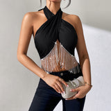 sexy lace up chest wrapped backless design tassel chain vest women