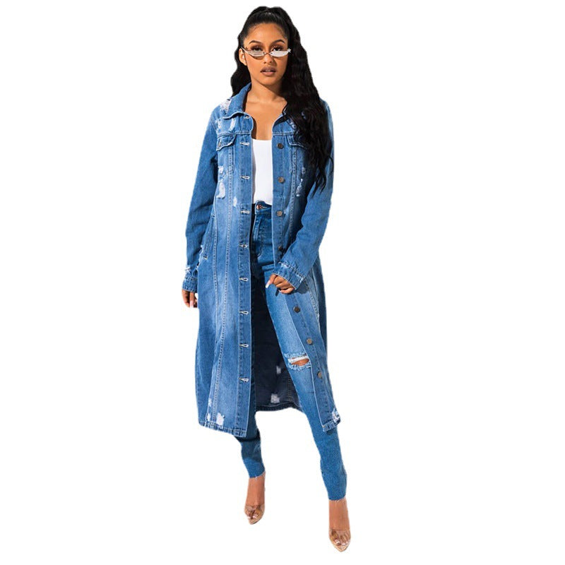 denim jacket women autumn winter worn loose v neck denim trench coat