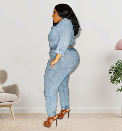 FZ Women's Plus Size Single Sleeve Fashion Denim Jumpsuit