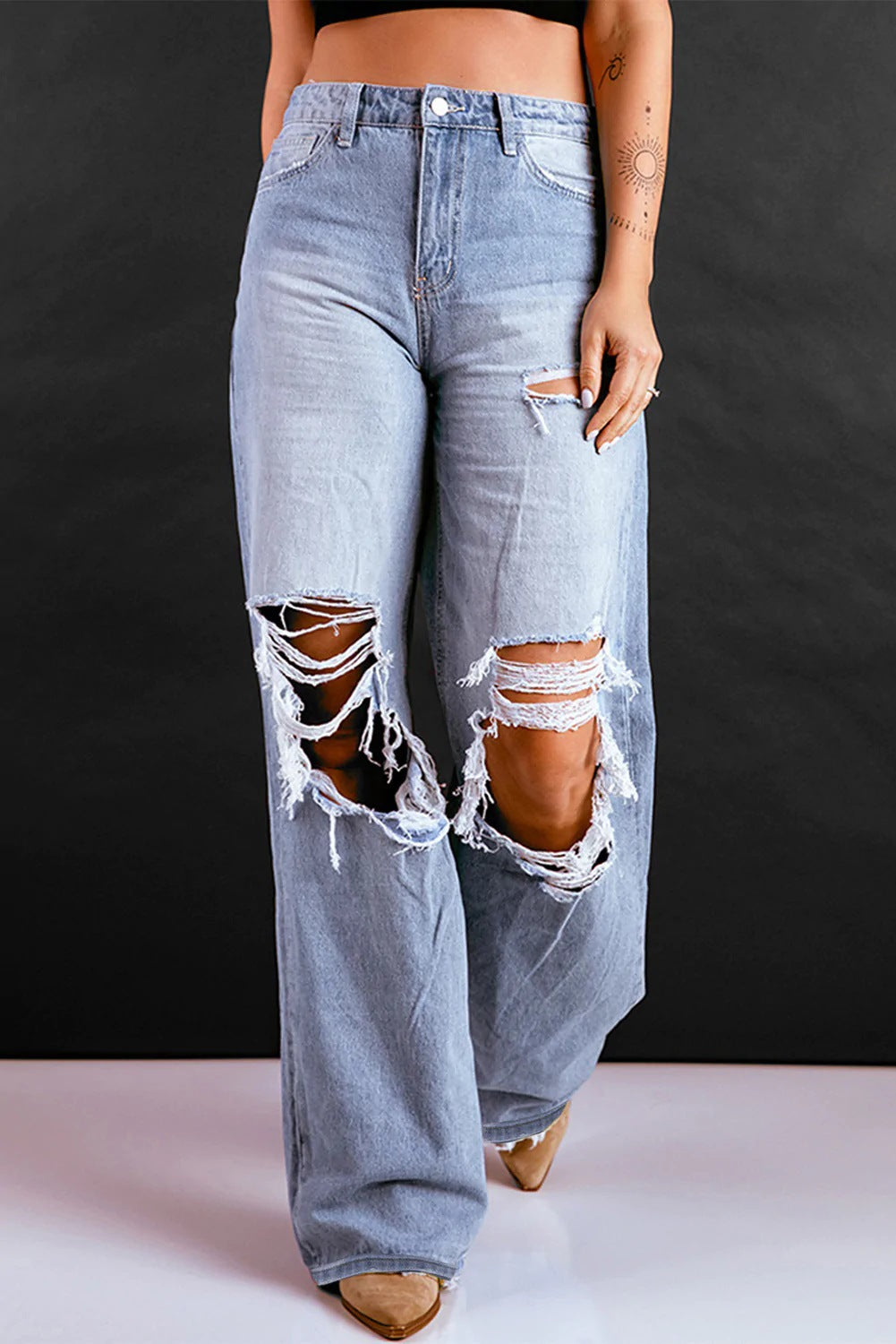 FZ Women's Retro High Waist Ripped Wide Legged Denim Pants - FZwear