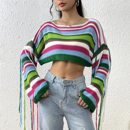 FZ Women's Rainbow Striped Fringed Cropped Loose Sweater Top