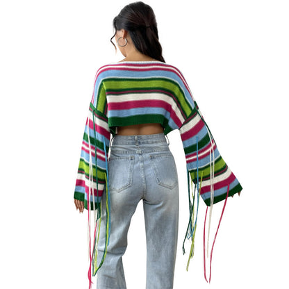 FZ Women's Rainbow Striped Fringed Cropped Loose Sweater Top