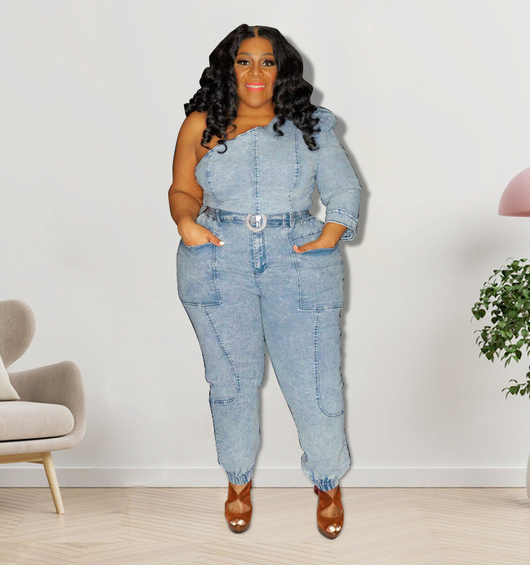 FZ Women's Plus Size Single Sleeve Fashion Denim Jumpsuit