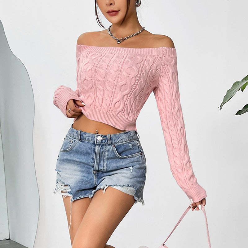 FZ Women's Sexy Cropped off Neck Slim Fit Sweet Pink Sweater Top